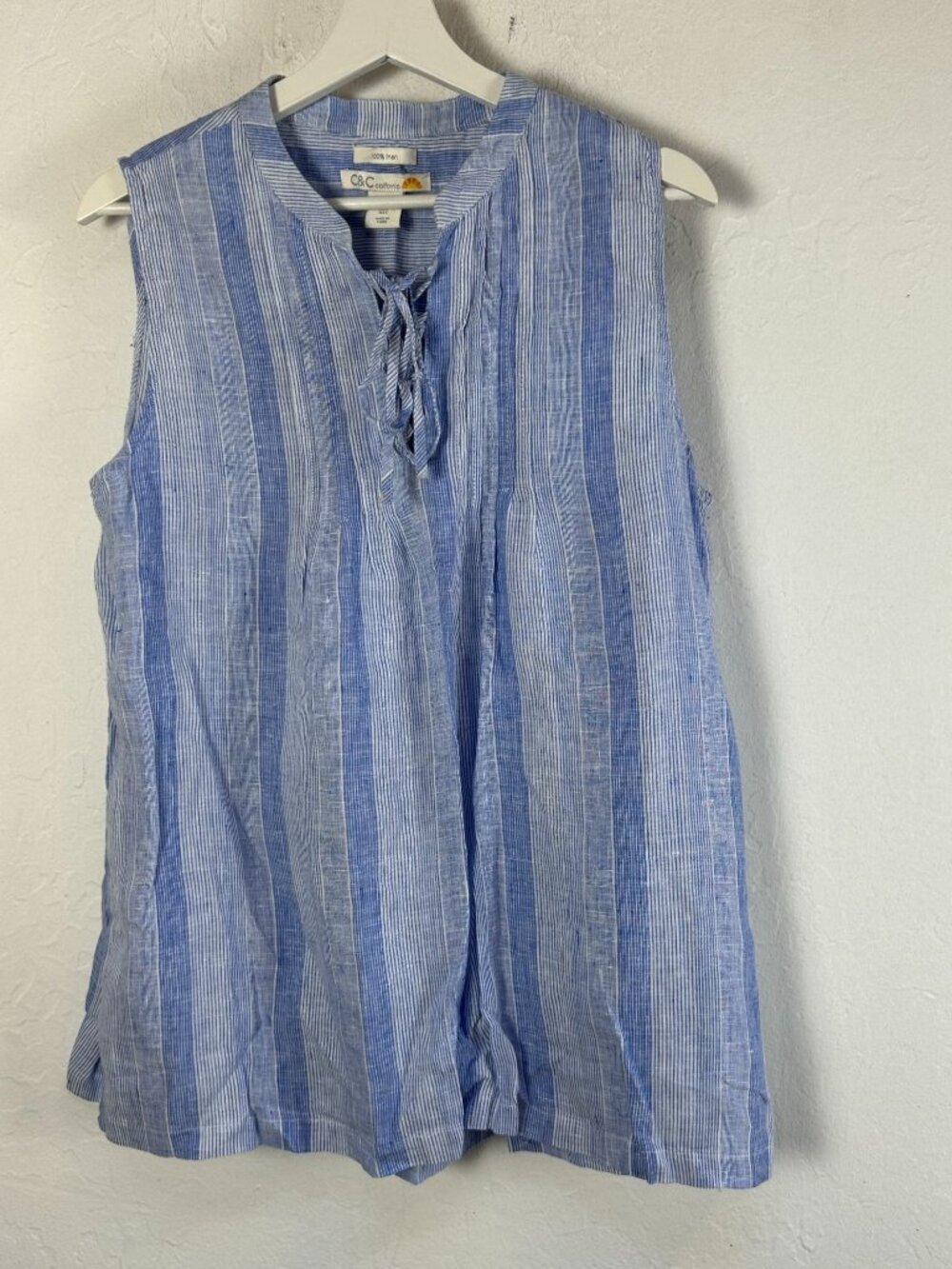 C&C California Blue White Striped Linen Sleeveless Lace-Up Tunic Top Large NWOT
